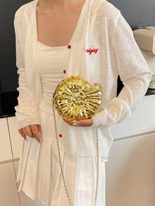 迷你贝壳造型时尚激光金属手拿包，Y2K复古金属框架链条单肩斜挎包，适合女士正式晚宴、外出、约会、购物等场合，优雅贝壳钱包，完美搭配派对、婚礼、盛会和宴会，可与婚纱、正式礼服、舞会礼服和生日服装搭配。 - 金色 - 查看 2