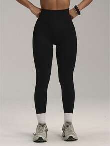 Quần legging nữ mềm mại, cạp cao, lưng chữ V, không đường may, quần yoga nâng mông, quần legging tập thể dục không đường may. - màu đen - Xem 5