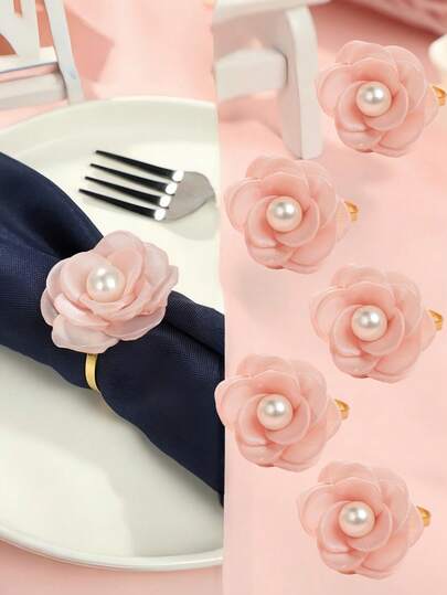 2pcs/6pcs Camellia Flower & Pearl Napkin Rings, Suitable For Wedding, Valentine's Day Party, Dining Table Decor, Realistic Flower & Pearl Napkin Rings, Romantic Series, Ideal For Hotels