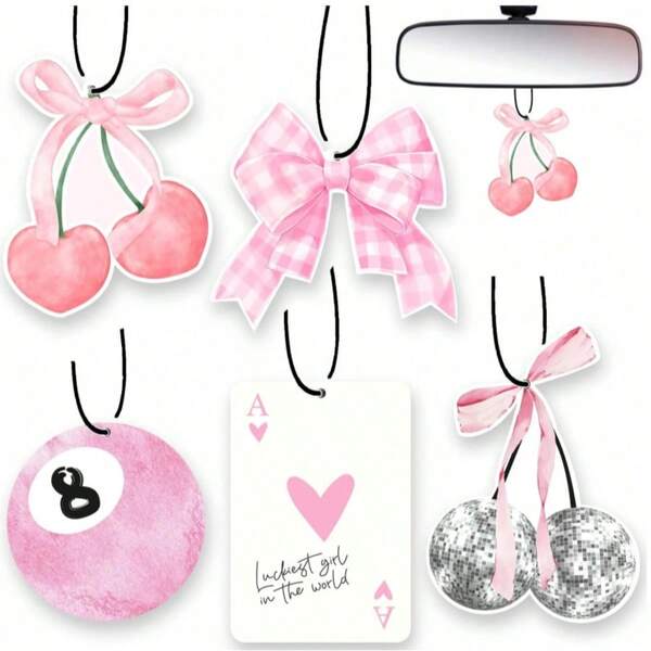 5 piezas Lindo ambientador de coche con lazo rosa y cereza, decoración de interior de coche, ambientador colgante para espejo retrovisor, regalo de Navidad, regalo del Día de San Valentín, ambientador de coche