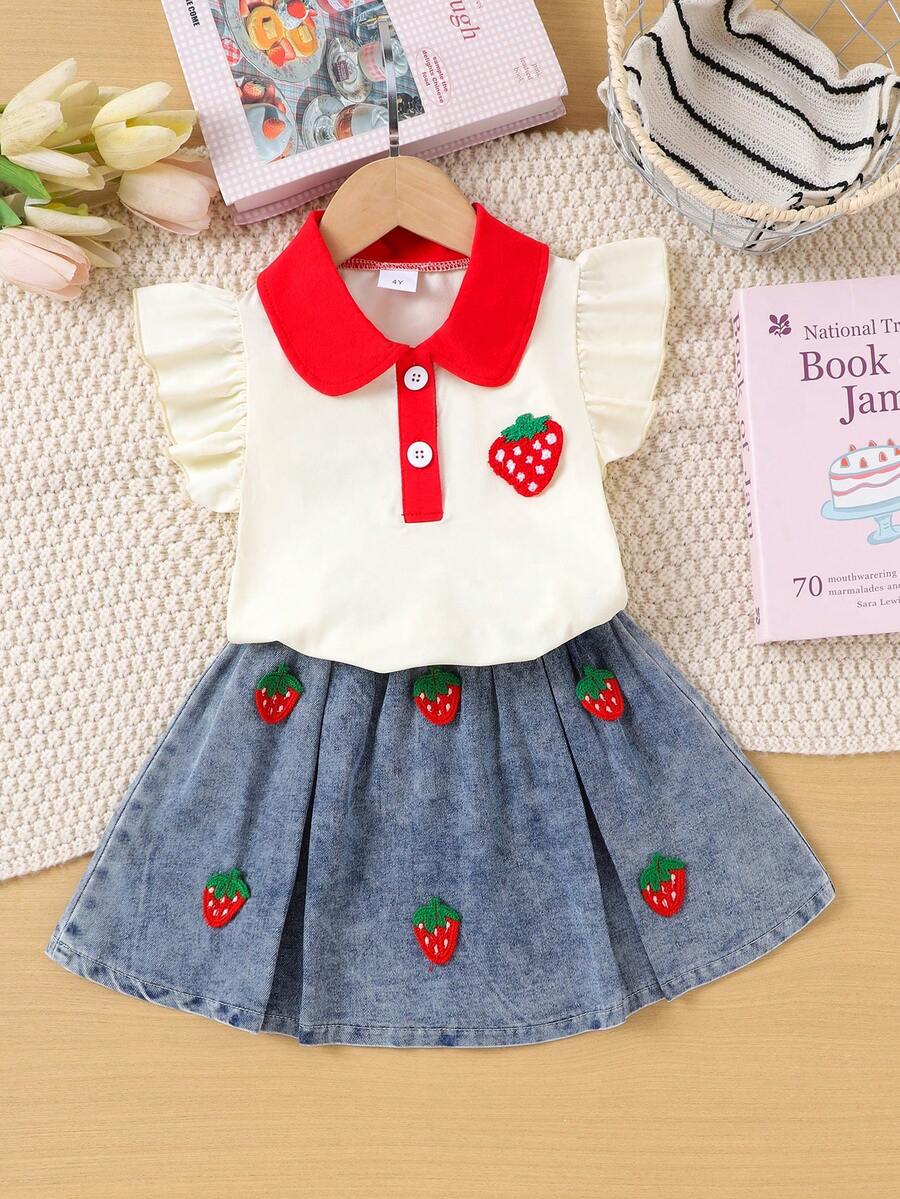 2pcs Young Girls Cute Sweet Collar Cap Sleeve Top Strawberry Print + Blue Skirt Set, Sweet Juvenile Summer Outfit - Champagne - View 1