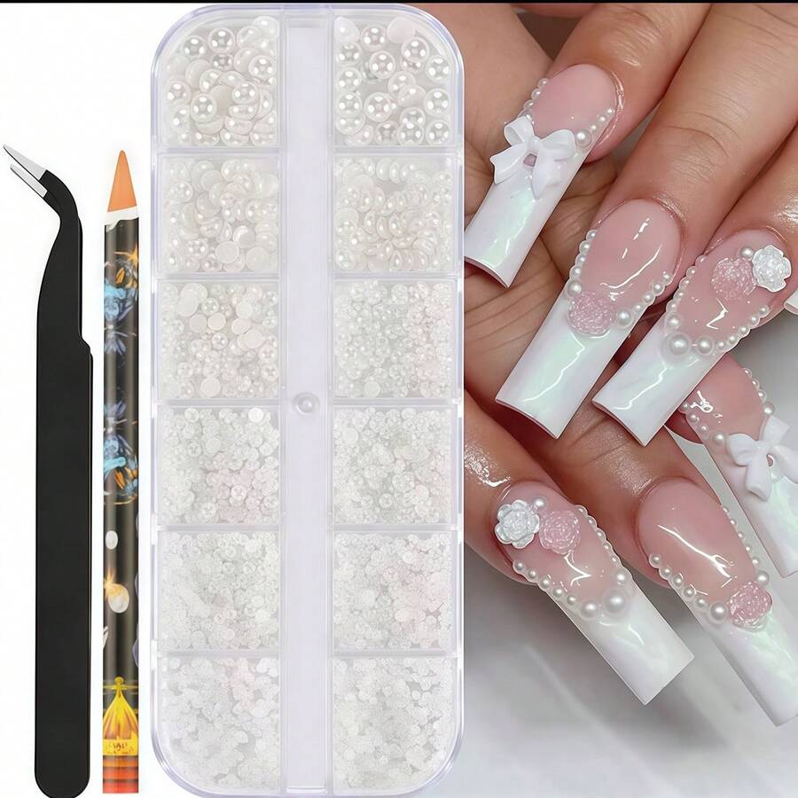 12-Grid Multi-Size Pearl 3D Nail Art Decoration Set, Includes Pearl Picker Pen And Tweezers, 1 Box, Luxury Nail Accessories, Fragrance-Free Formula, Durable. 3D Flat White Pearl Set, Suitable For Nail, Face, Eye And Body Makeup. Nail Art Supplies, Nail Gems. Nails - White - View 1