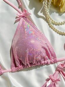 Pink Sequin Bikini Set With Bow Tie, 2 Pieces Swimsuit For Summer Beach Vacation - Pink - View 5