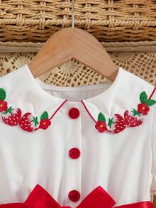 女童时尚撞色拼接连衣裙，清新草莓刺绣泡泡袖设计，配腰带，适合派对、户外休闲，尽显公主风夏季魅力 - 紅白色 - 查看 5