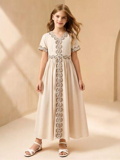 Girls Apricot Floral Applique Long Sleeve V-Neck Flare Dress, Girls Spring/Summer Short Sleeve Bow Tie Waist Dress