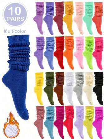 1/3/10 Pairs Random Candy Color Women's Loose Knit Socks, Comfortable Warm Breathable, Fashion Versatile, Perfect Gift For Hiking, Back To School, Halloween And Christmas, Warm And Cozy