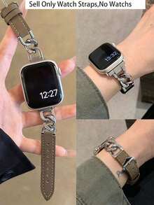 适用于苹果手表的男女通用表带，单条银色不锈钢金属链搭配棕色皮革表带，兼容苹果手表 Ultra S11/10/9/8/7/6/5/4/3/2/1 SE 38mm 40mm 41mm 42mm 44mm 尺寸，适合苹果智能手表配件，女士表带，纤细手腕佩戴更显精致，新年、情人节礼物佳选。 - 摩卡棕 - 查看 2