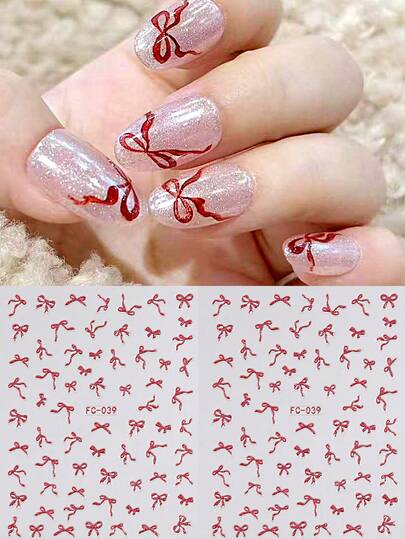 2片装闪亮蝴蝶结美甲贴纸，红色蝴蝶结不规则图案美甲设计，情人节和新年可爱迷人美甲装饰，自粘美甲贴纸，DIY美甲沙龙用品