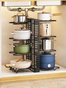 1pc Adjustable Iron Pot Lid Rack, Black Multi-Function Kitchen Storage Organizer, Pot Lid Holder, Pot & Pan Rack, Sink Shelf, 5/8 Tier Cookware Rack, DIY Assembly For Kitchen, Sink, Cabinet, Countertop