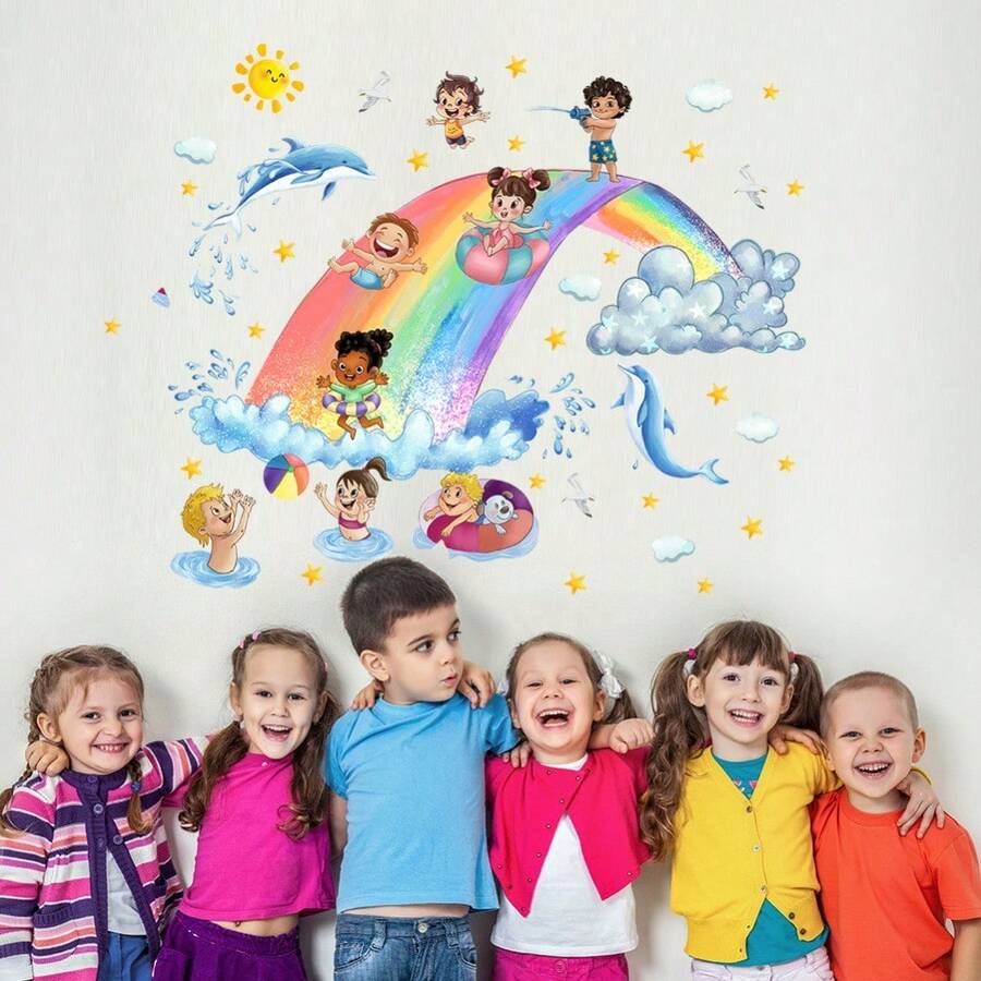 1pc Whimsical Underwater World Wall Decal - Colorful Waves And Friendly Whales, Removable Wallpaper, Suitable For Children's Room And Nursery Decor; Educational Ocean Theme Wall Sticker - Vibrant Whale And Wave Decal Set, Self-Adhesive Decoration For Kindergarten And Playroom; Dreamlike Ocean Mural - Playful Whales Swimming In Rainbow Waves, Peel And Stick Wall Decal - Multicolor - View 1