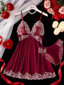 两件套撞色花卉蕾丝睡衣套装，V领半透明蝴蝶结睡裙和内裤，优雅女士睡衣