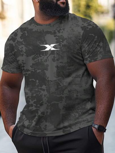 Plus Size Men's Fashionable Ombre Print Casual Round Neck Short Sleeve Sports T-Shirt, Versatile & Comfortable, Spring/Summer Couple Sportswear