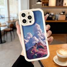 Cubierta de teléfono con borde negro diseño de montaña con nubes y flores rosadas para uso diario en cafeterías y espacios interiores,Aplicable a los teléfonos de la serie Apple y Galaxy - Burdeos - Ver 4