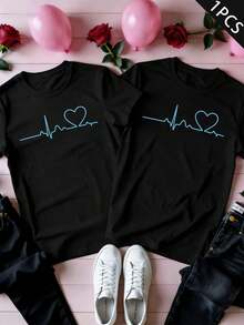 T-Shirt mit Herzschlag-Motiv für Paare, Frühling, weiche Baumwolle, Rundhalsausschnitt, lockere Passform, Street Hip Hop - Herren Schwarz - 1 Stück - Übersicht 2