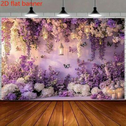 2D Flat Backdrop, Purple Floral Theme Background Cloth With Lantern, Butterfly And Flower Pattern - Elegant Photography Background Suitable For Beauty, Party And Celebration - Made Of Professional Material, No Power Needed, Perfect For Indoor And Outdoor Events, Party Background | Elegant Decor | Durable Fabric, Floral Decor