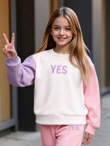 2 Stücke Mädchen Lässig Sweatshirt und Hose Set, Buchstaben Muster Farbblock Langarm Rundhals Top und weiche Strick Jogginghose, Frühling/Herbst - Mauve - Übersicht 4