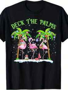 T-Shirt With Tropical Light Tree And Flamingos - Black - View 6