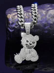 2 件/套不锈钢链配水钻装饰吊坠，1 件熊形吊坠项链 - 嘻哈时尚项链，适合休闲穿着或派对