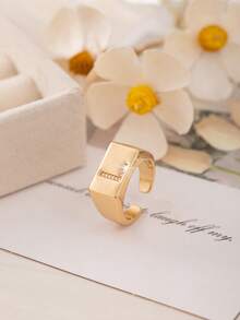 1pc Luxury Women's Ring, Copper Inlaid Cubic Zirconia 26 Letter Block Open Ring, Suitable For Daily Wear, Gift For Friends, New Year, Valentine's Day - Yellow Gold - View 6