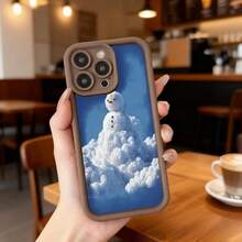 Cubierta de teléfono con borde negro y diseño de nieve azul con muñeco de nieve en nubes para uso diario en cafeterías,Aplicable a los teléfonos de la serie Apple y Galaxy - Blanco - Ver 4