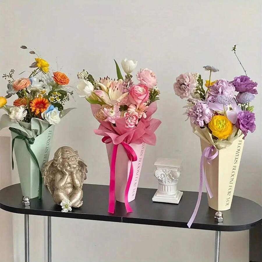 5pcs Creative Paper Hug Bucket Flower Boxes, Single/Multiple Rose Bouquet Packaging Boxes, Flower Arranging Bags, Flower Carrying Bags, Perfect For Valentine's Day, Wedding, Mother's Day, Teacher's Day, Friend Gifts Flower Decoration - Multicolor - View 1