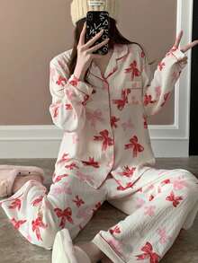 2pcs Floral Print Women Pajama Set, Butterfly Collar Cardigan And Long Pants, Spring/Summer - Pink - View 1