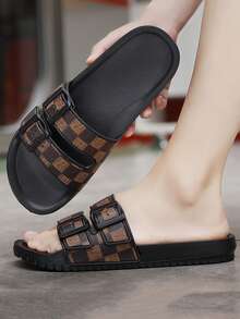 Pantuflas para hombres talla grande 38-47, cómodas y casuales para exteriores, ligeras y antideslizantes para el hogar, resistentes al desgaste y transpirables, sandalias para hombres para uso diario en exteriores, extra grandes, anchas, súper grandes (patrón irregular) - Marrón - Ver 4