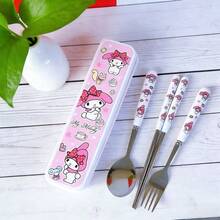 Sanrio 4件套三丽鸥Hello Kitty不锈钢餐具套装，包括筷子、勺子和叉子，学生/旅行餐具，情人节礼物，卡通餐具套装，可爱高性价比，适合夏季、旅行、度假、居家、办公、学生便携用餐，包含1个时尚保温便携午餐包