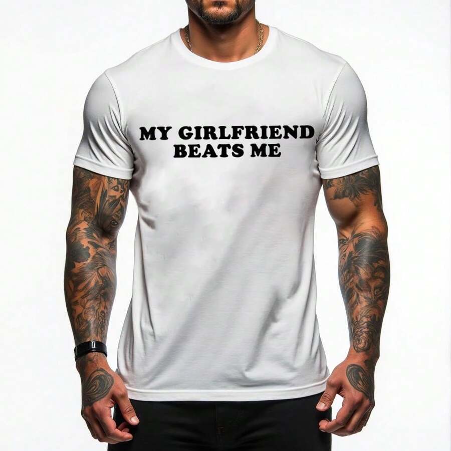 [100% Algodón] Camiseta de Relación Humorística Mi Novia Me Golpea por Estética de Pareja de - Blanco - Ver 1