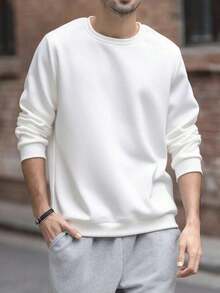 Men's All-Match Crew Neck Sweatshirt, Minimalist Design, Versatile Casual Wear, Essential For Layering, Suitable For Everyday Light Wear, Spring/Autumn2026 - 白色 - 查看 2