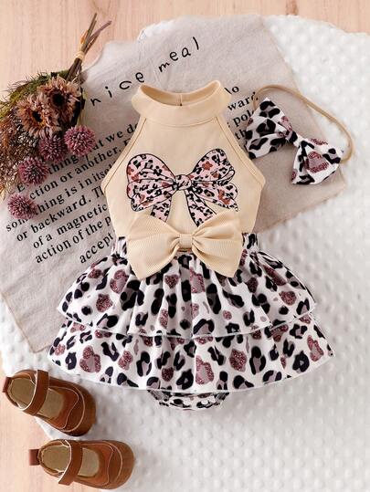 3pcs Baby Girl Cute Leopard Print Bow Decor Sleeveless Halter Top And Leopard Print Double Layer Ruffle Skirt With Bow Headband Set