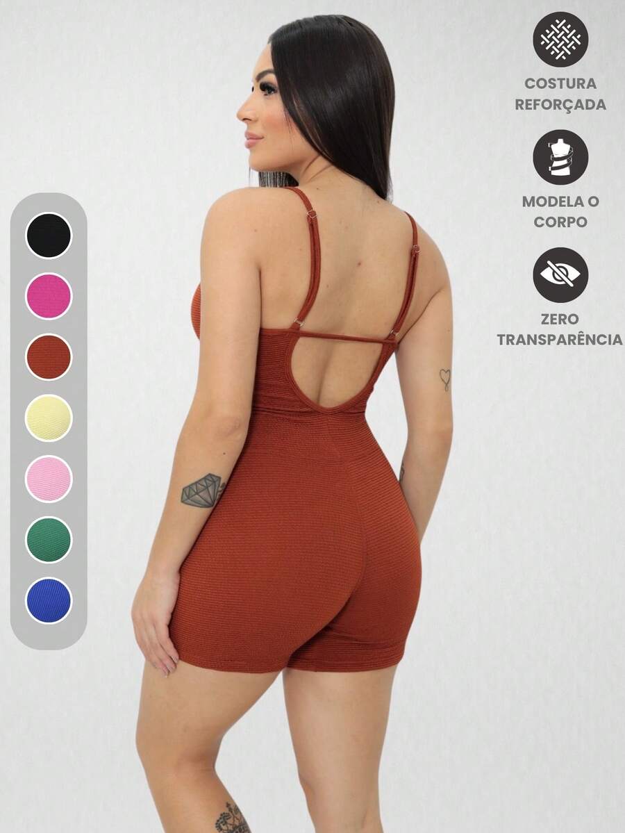 Jumpsuit Ribbed Strappy Romper Women's Clothing Gym Sports Fitness - Rust Brown - View 1