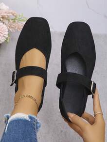 Plus Size 36-43 Women's Lightweight Flat Slip-On Shoes, New Spring/Autumn Fashion Square Toe Flat Shoes, Comfortable Casual Black Suede Shoes For Work - Black Suede - View 1