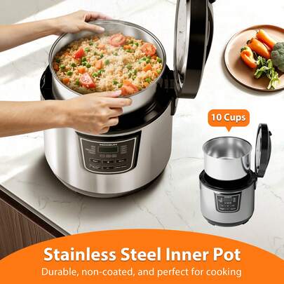 Moosum 8-In-1 Multifunctional Rice Cooker 20Cup Cooked/10Cup Uncooked Stainless Steel Pot Steamer Removable Cover Silver