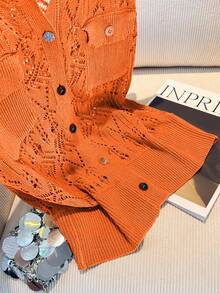 Women's Fashionable Hollow-Out Knit Vest, Orange Round Neck, With Fake Pockets And Button Decor, Regular Length, Semi-Sheer Fabric Summer - Orange-red - View 3