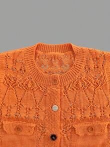 Women's Fashionable Hollow-Out Knit Vest, Orange Round Neck, With Fake Pockets And Button Decor, Regular Length, Semi-Sheer Fabric Summer - Orange-red - View 5