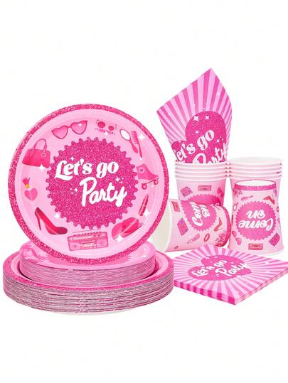 10 Stücke/20 Stücke/50 Stücke/80 Stücke Lass uns Party machen Teller, Becher und Servietten Geschirr Set Party Zubehör, knallpinke Mädchen Party Dekorationen, -Thema Einweg-Papier Geschirr Set für Geburtstag, Junggesellinnenabschied, Bridal-Shower, Disco Rosa Mädchen Party Zubehör