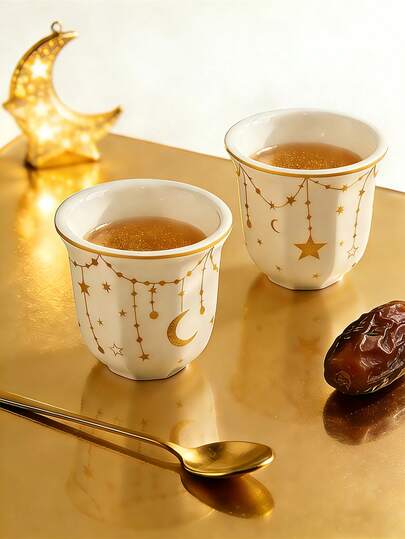 一套半只中东主题咖啡杯，饰有星月图案，意式浓缩咖啡杯，斋月礼盒，伊斯兰风格杯子，适合家庭聚会、下午茶和办公使用。容量可选：180毫升/250毫升