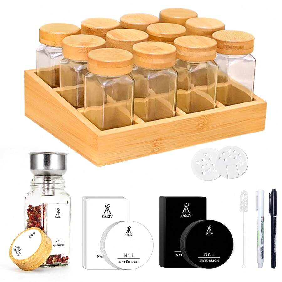 ERUIV Spice Rack Drawer With 12 Bamboo Compartments - Spice Jars With Shelf (FCM®) – 12 X 120ml Square Spice Jars With Labels, Freestanding & Drawer-Compatible Spice Shakers – Spice Jar Set