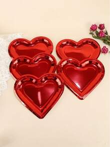 5/20 pièces Assiettes en papier épaisses en forme de cœur rouge, 26,6 cm (environ 10,47 pouces), assiettes jetables pour fête, décoration de table convenant pour la fête des mères, le mariage, l'anniversaire, la Saint-Valentin - Rouge - Voir 2
