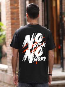 男士休闲百搭简约美式街头标语“NO RISK NO STORY”印花短袖T恤 - 黑色 - 查看 4