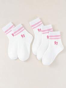 5 Pairs Of Children's Socks With White Striped Numbers 67 Printed Short Socks, Student Style Casual Breathable Short Tube Socks, Mid Tube Socks