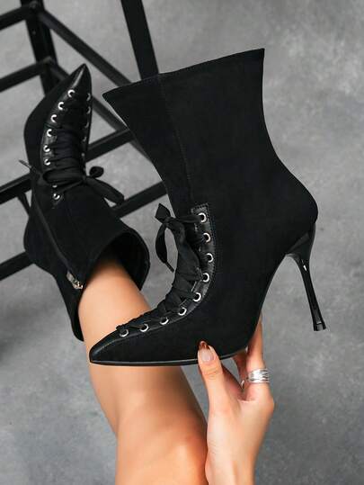 Women's High Heel Ankle Boots, Suede Pointed Toe Lace-Up With Gold Eyelets, Suitable For Nightclub, Party, Halloween Occasions, Also Applicable For Outdoor Activities. New Women's High Heel Boots For Autumn/Winter