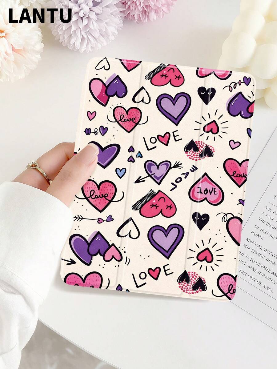 1pc Heart & Letter Pattern Protective Case, Compatible With 10.2" / Pro 11" 2020/2021, (A16) 11" 11th Gen 2025, 9th/10th, Air 4th 10.9", Galaxy Tab S6 Lite 10.4", /, Anti-Drop, Pencil Slot, Sleep/Wake Support, Romantic Gift, 2026 - Multicolor - View 1