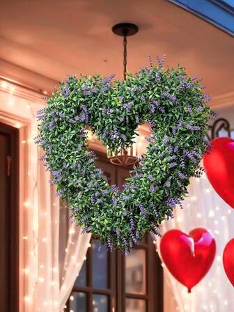 Corona artificial con forma de corazón, corona de doble cara, corona de lavanda, decoración para exteriores, 50*50(19.69 pulgadas) decoración para bodas, Día de San Valentín, decoración de temporada de graduación, decoración verde, decoración para dormitorios y oficinas escolares, decoración para fiestas de cumpleaños, decoración del hogar, decoración para hoteles, restaurantes, salas de estar, dormitorios, bodas, banquetes, cocinas y jardines