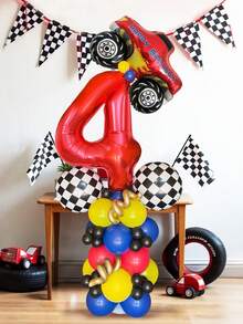 46pcs/Set Racing Theme Birthday Balloons, Includes 32-Inch Red Number 1-9, 18-Inch Black And White Checkered Foil Balloons, Pickup Truck Balloons, Suitable For Birthday Party Decoration, Transportation Theme Party, Racing Theme Party - Multicolor - View 3
