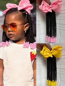 1pc Kids Ponytail Hair Extension Braid Girls Braided Hair Band & Bow Clip For Girls Beads Detachable Reusable - Natural Black - View 2