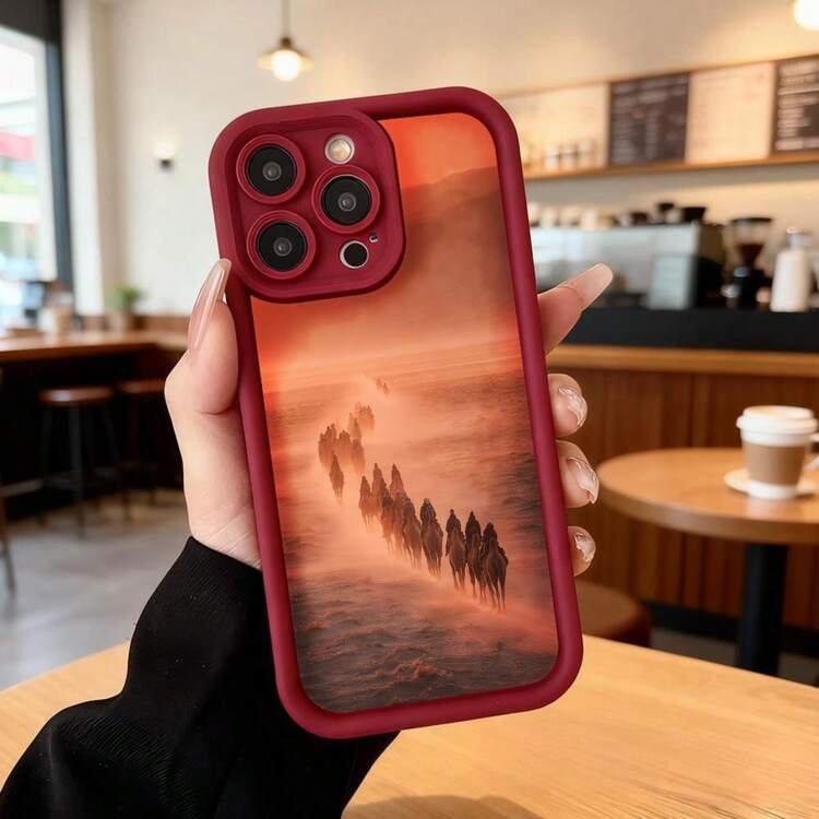 Cubierta de teléfono con borde negro diseño de caballos en el atardecer para uso diario en cafeterías y espacios interiores,Aplicable a los teléfonos de la serie Apple y Galaxy - Café integral - Añade 5