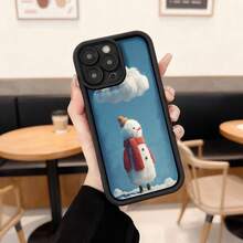 Cubierta de teléfono con diseño de muñeco de nieve color azul con bufanda roja y sombrero de zanahoria para uso diario en cafeterías y espacios interiores,Aplicable a los teléfonos de la serie Apple y Galaxy - Negro - Ver 1
