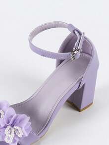 Women 3D Floral Decor Mid Heel Chunky Heel Design Solid Color Square Toe Ankle Strap Sandals Elegant Style For Work Dating Wedding Summer Purple Mid Heel Sandals - Mauve Purple - View 6